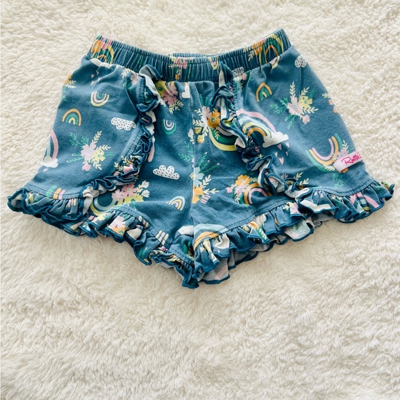 RuffleButts Girl Ruffled Trimmed Rainbow Printed Knit Shorts - Picture 3 of 4